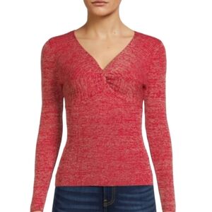 No‎ Boundaries Blouse Woman M Red Metallic Knit Twist Front Sweater Long Sleeves